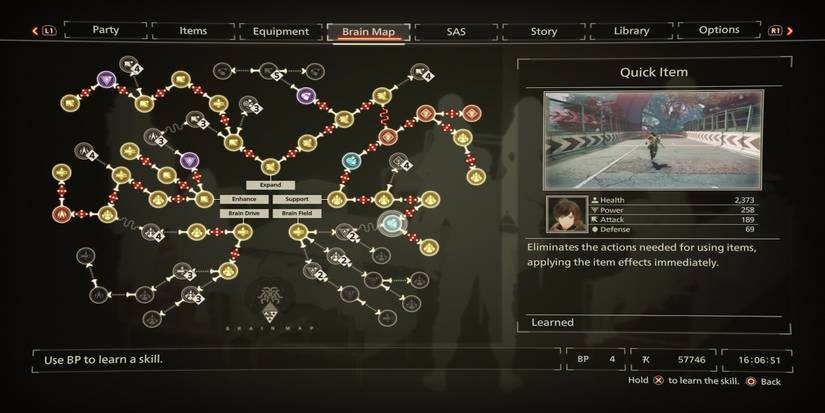 The brain map menu from Scarlet Nexus