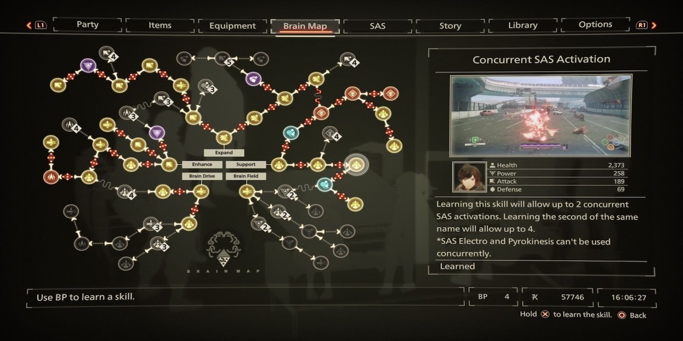 The brain map menu from Scarlet Nexus