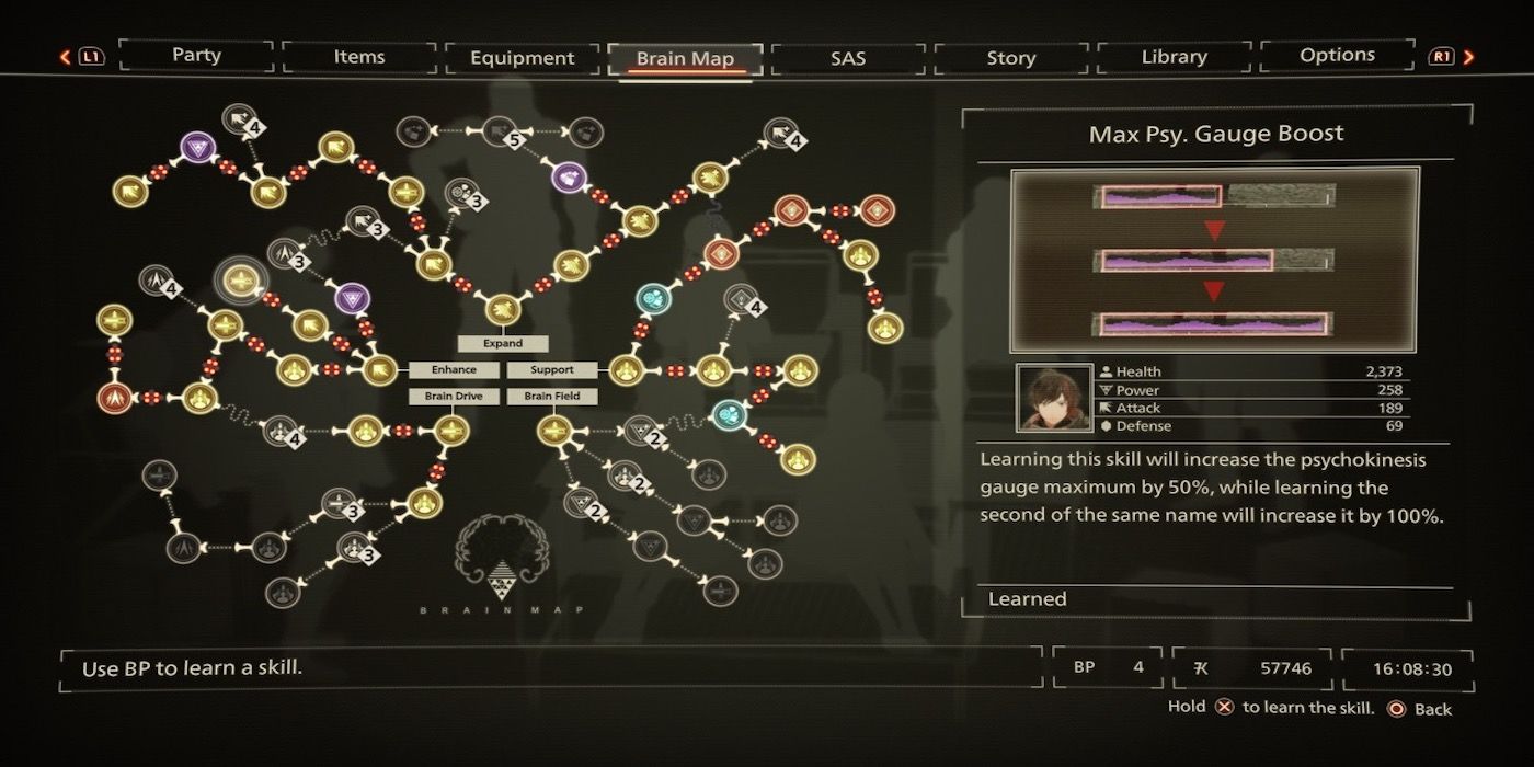 The brain map menu from Scarlet Nexus