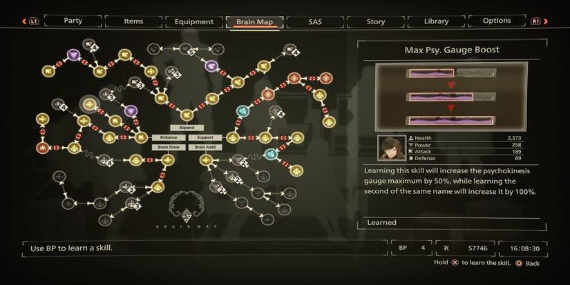 The brain map menu from Scarlet Nexus