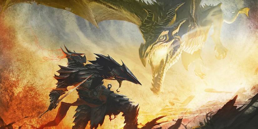 A Daedric Warrior Fighting Dragon