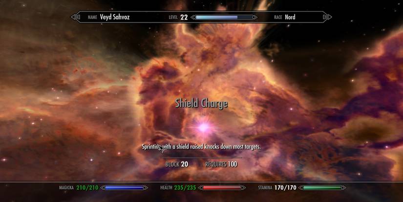 Shield Charge Perk in the Skyrim Skills menu