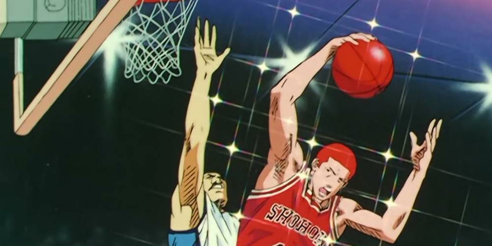 Slam Dunk Sakuragi competes with his opponent for a loose ball