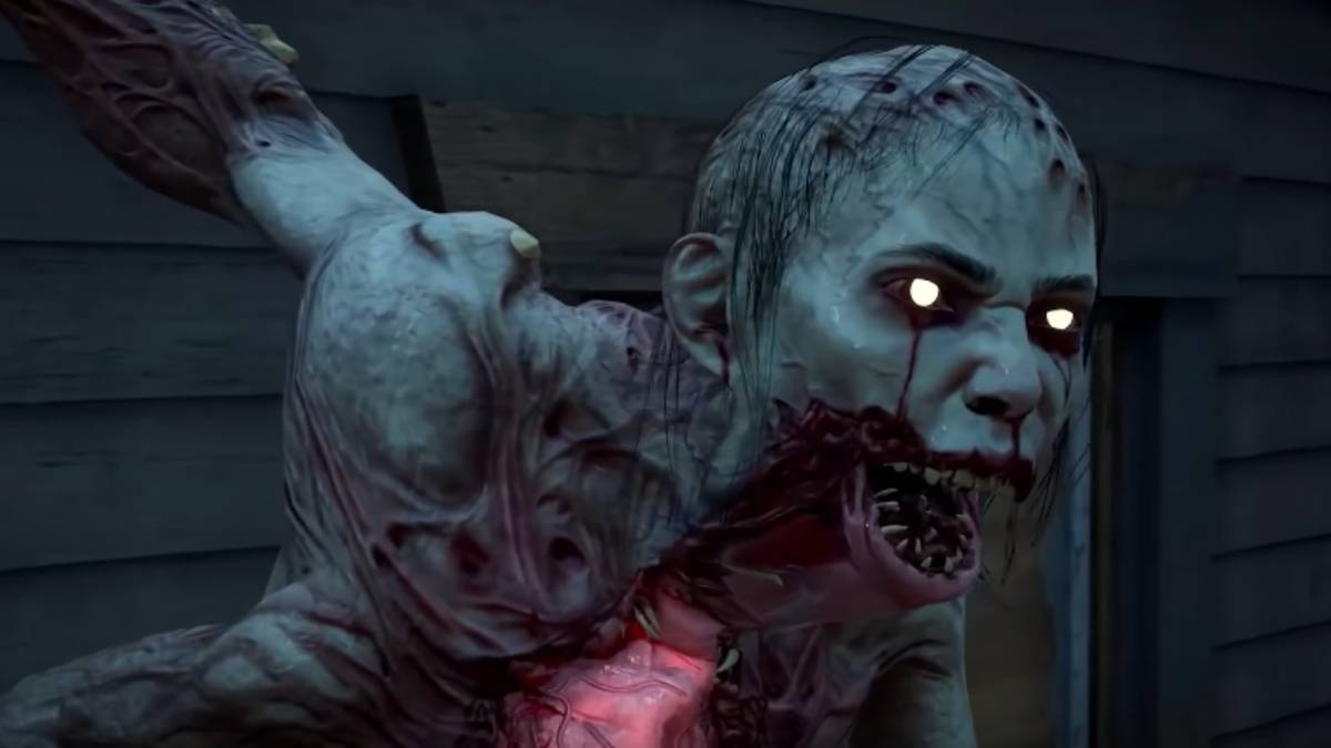 A lanky and pasty zombie hangs from the side of a house