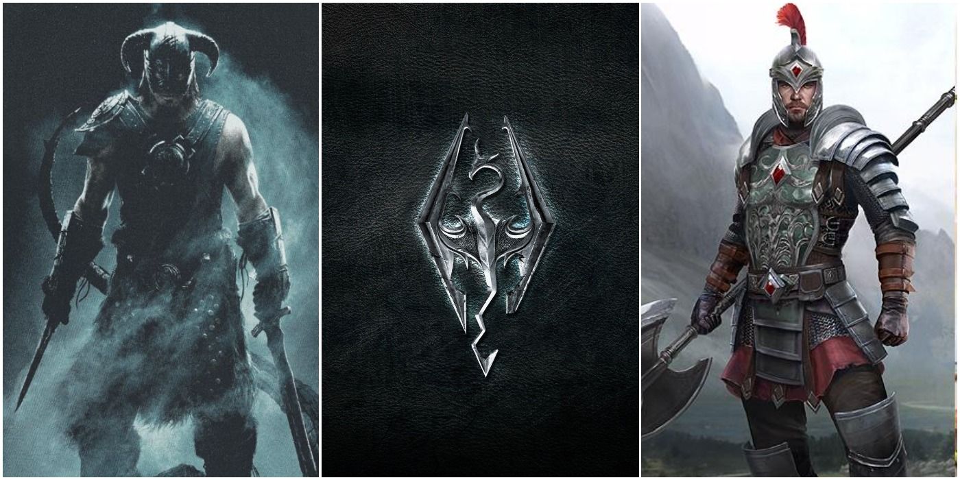 Skyrim crest (center); two Dragonborn (left and right)