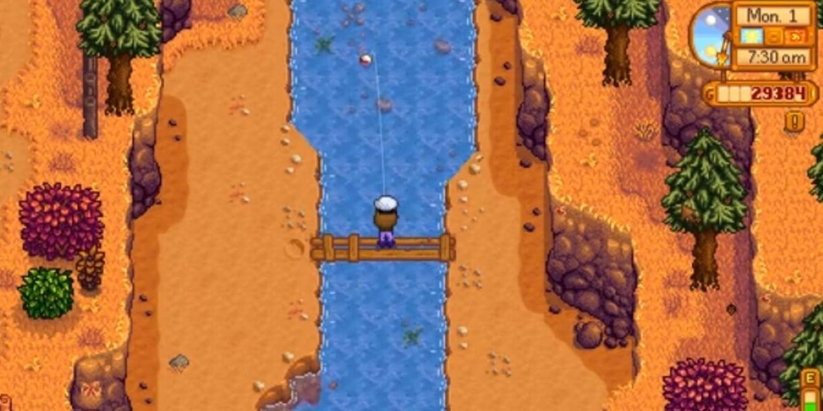 Stardew Valley Fishing on plank over a river.
