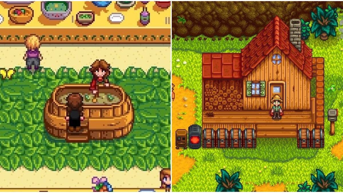 Split image of lua eventblueberry and farmer outside of house.
