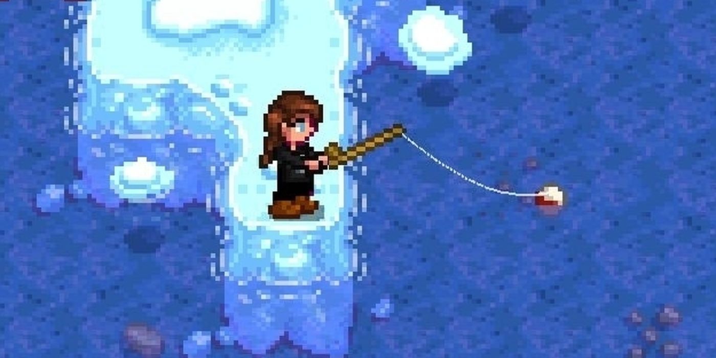 Stardew Valley player fishing during winter