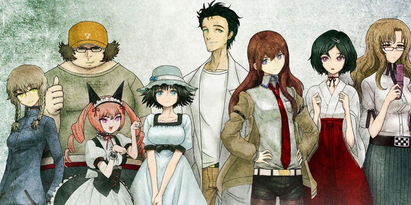The Steins;Gate main cast from left to right: Amane Suzuha, Hasida Itaru, Faris, Mayuri Shiina, Okabe Rintarou, Makise Kurisu, Luka Urushibara, and Moeka Kiryu.