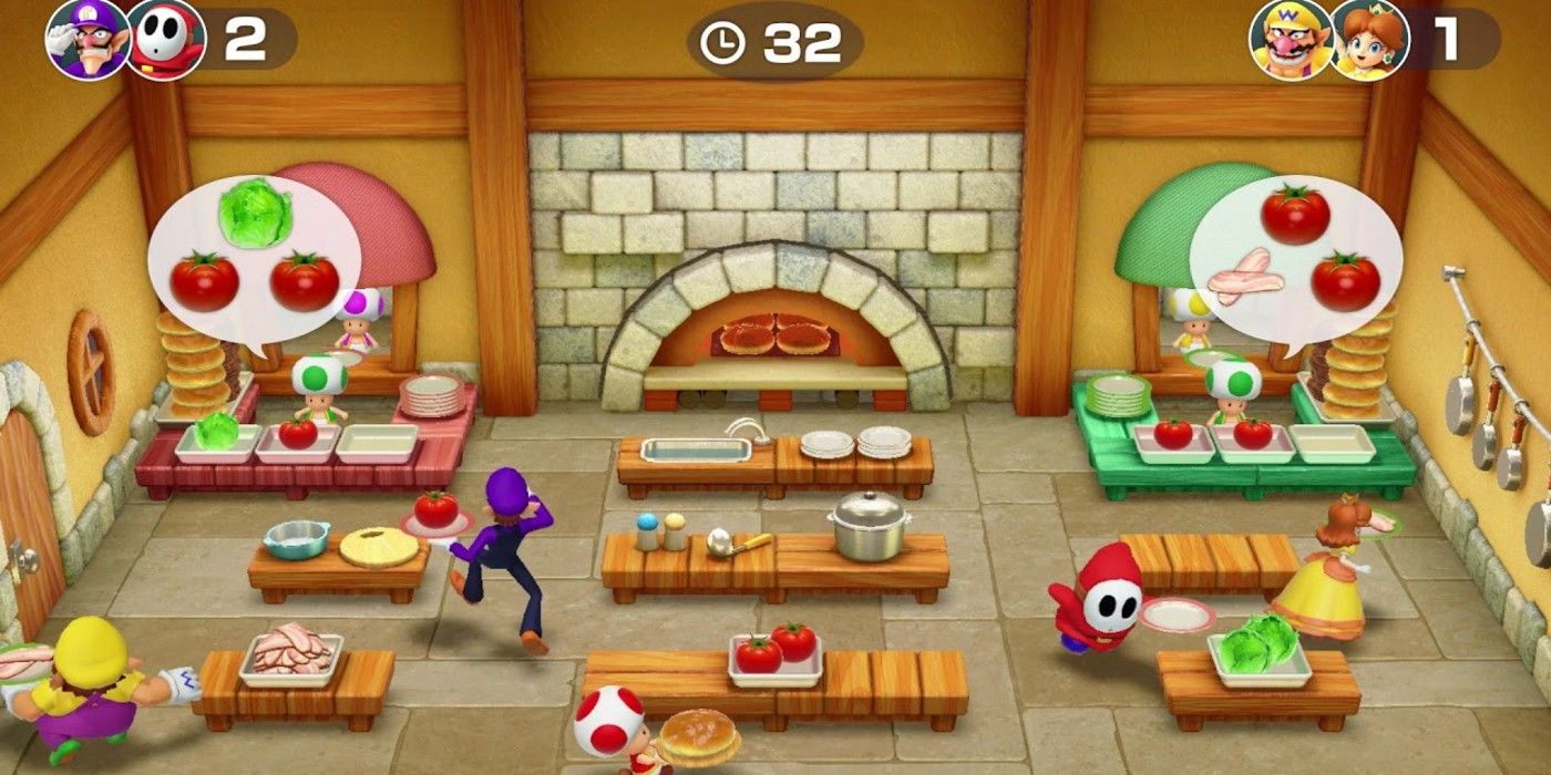 Super Mario Party Dash and Dine minigame Mario Shy guy Peach gathering ingredients