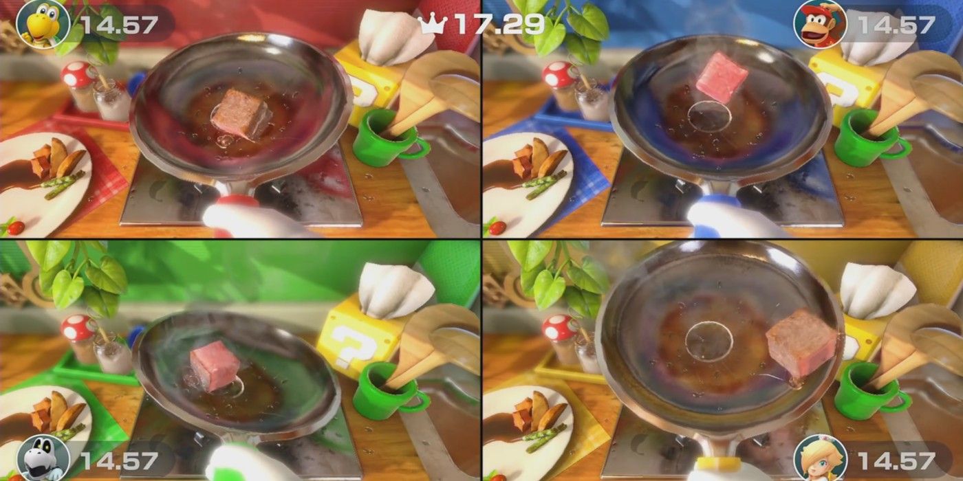 Super Mario Party Sizzling Steaks four players cooking steaks in frying pan
