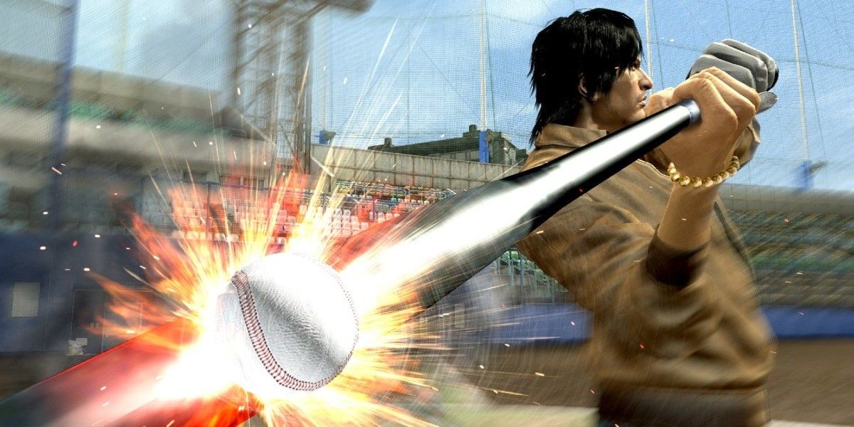 Tatsuo Shinada hitting a baseball with a bat in Yakuza 5