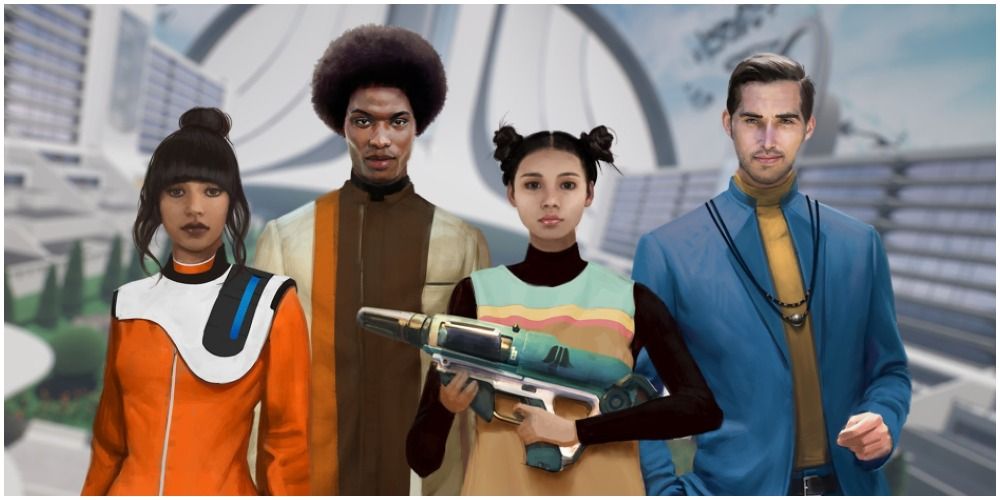 A group of four futuristic people, one holding a gun