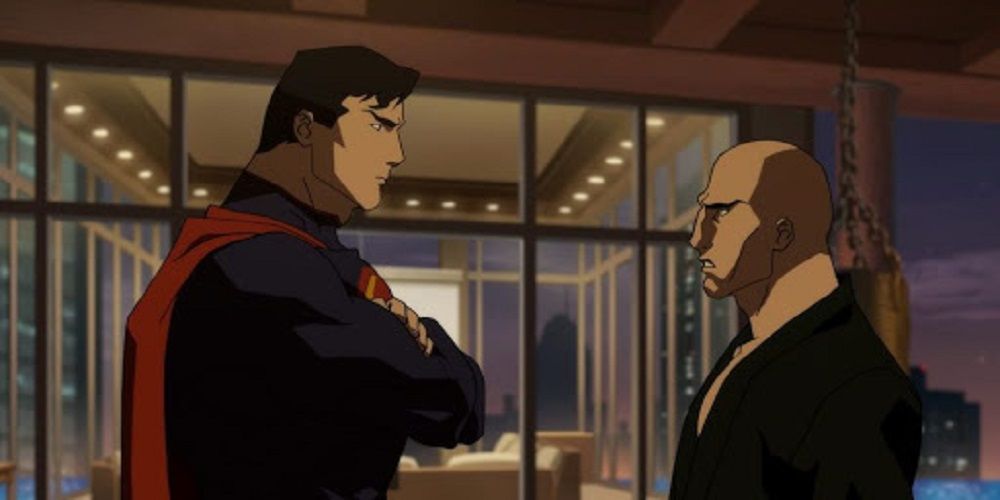 The Death Of Superman Lex Luthor and Superman speak together by window at night