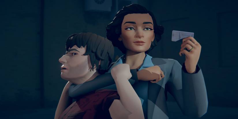 A woman has a man in a headlock while looking at a slip of paper.