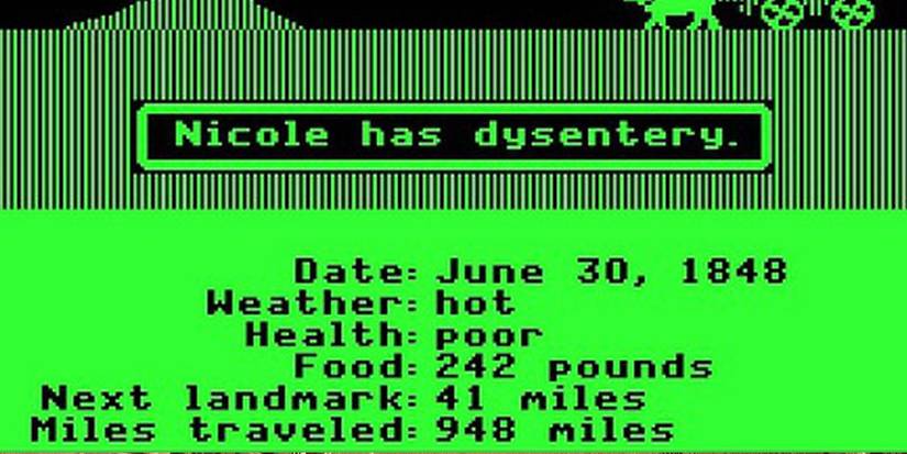 Wagon and text diagnosing Nicole with dysentery in The Oregon Trail