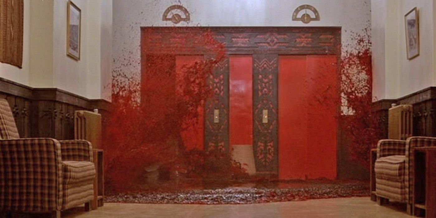 The elevator doors opening in The Shining