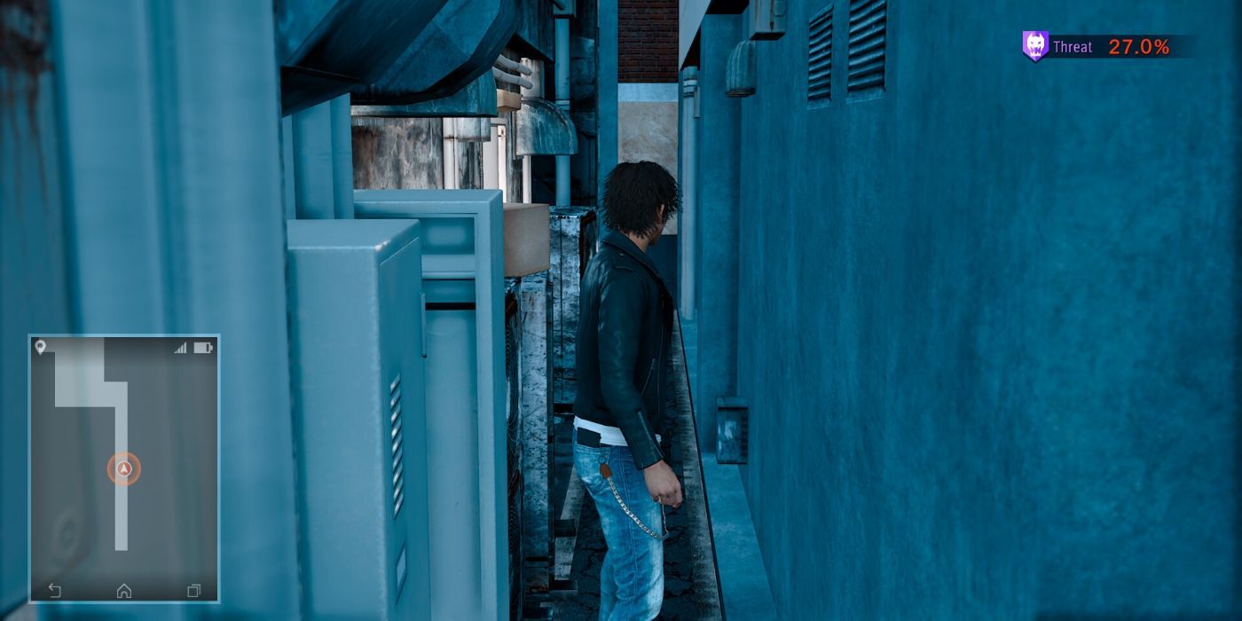 Judgment Yagami Squeezing Through a Tight Alleyway