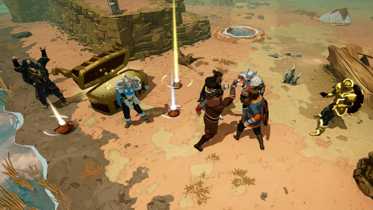 Four players fist bump after finding some treasure