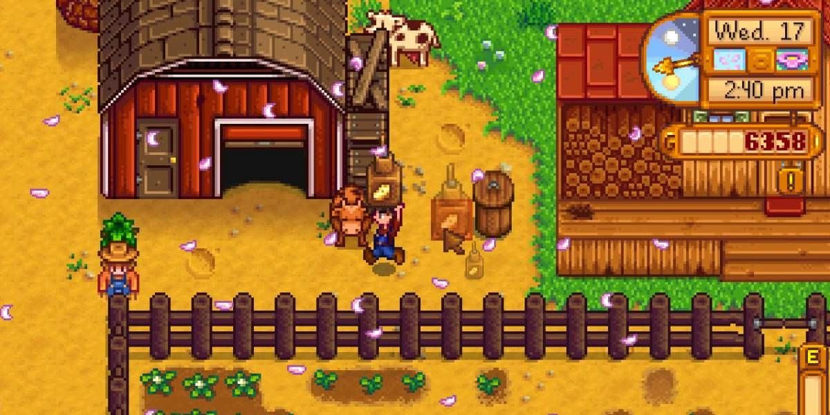 Carrying product by barn and cow.