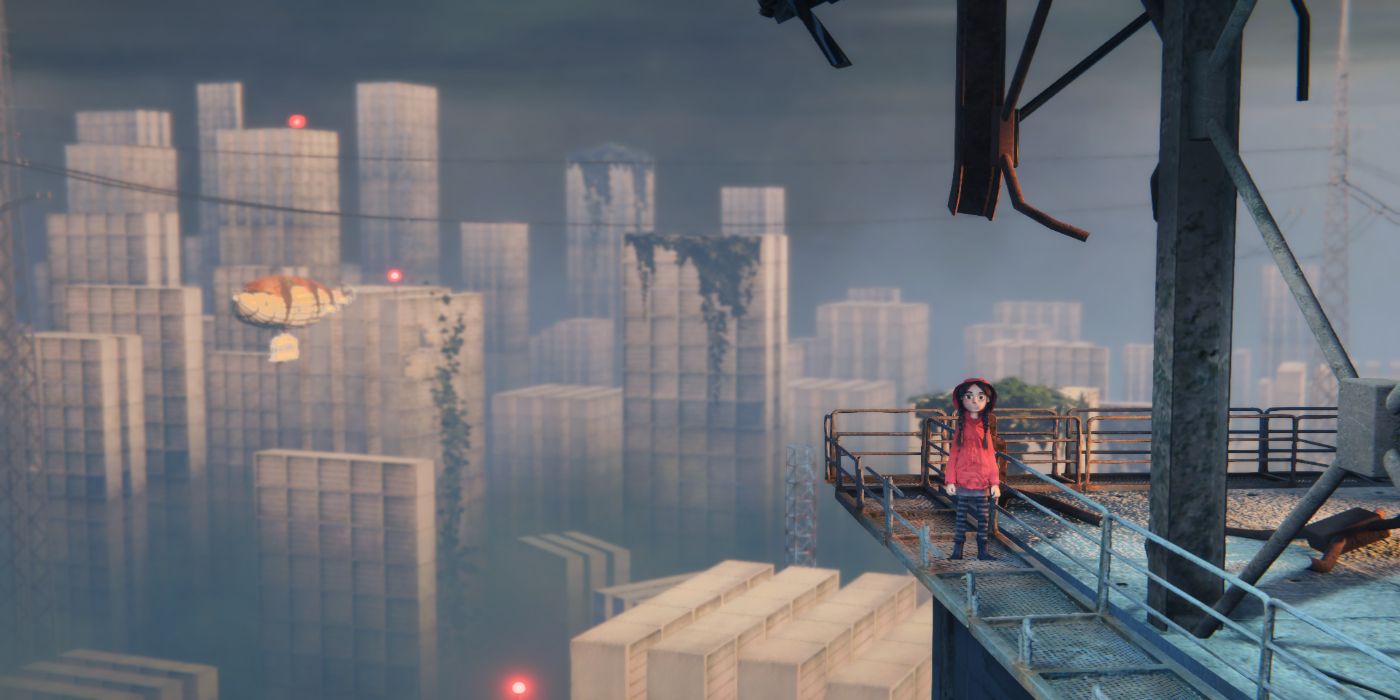 The main character in the red hoodie stands, overlooking a city.