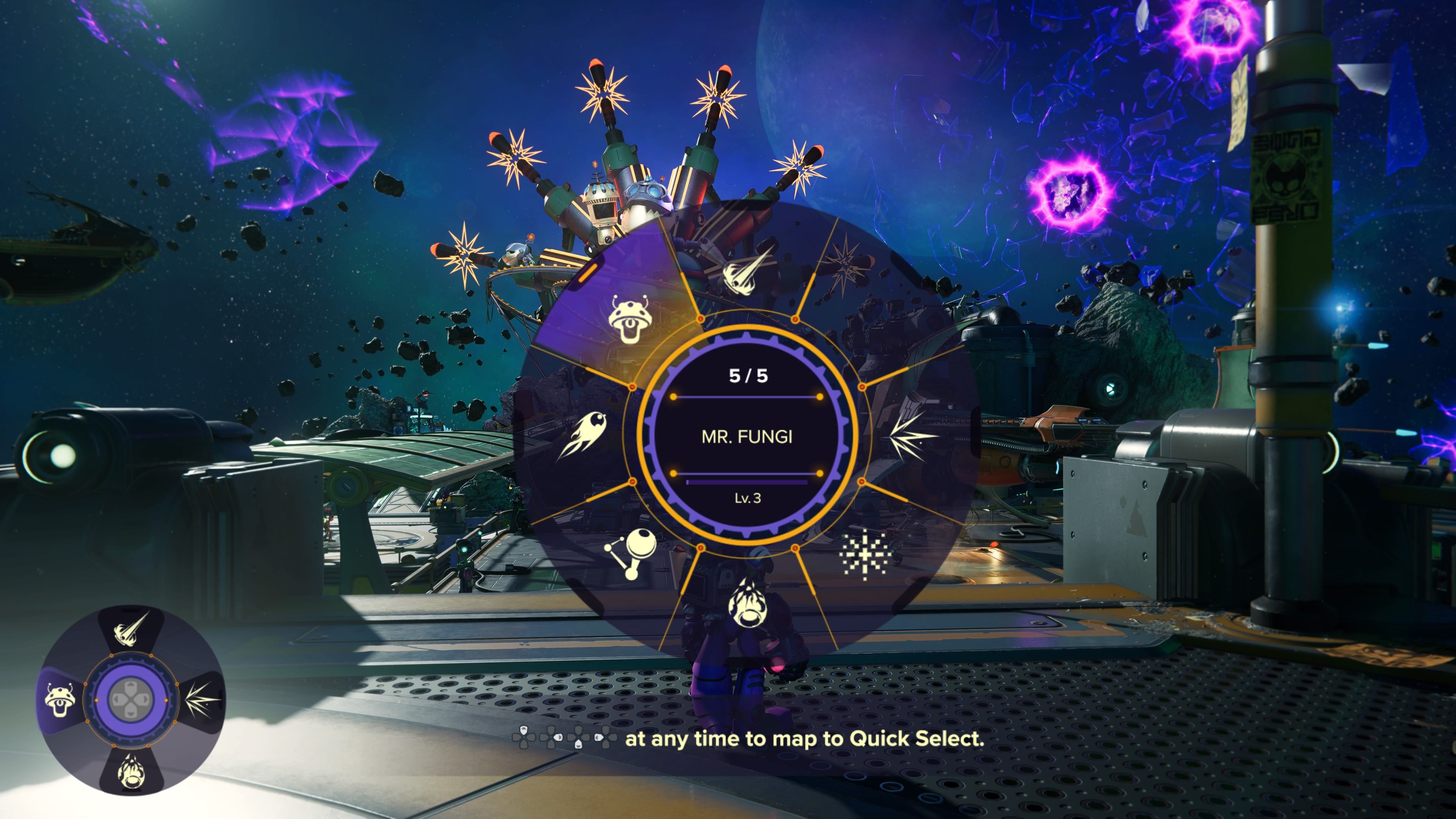 The Quick Select menu in Ratchet & Clank: Rift Apart