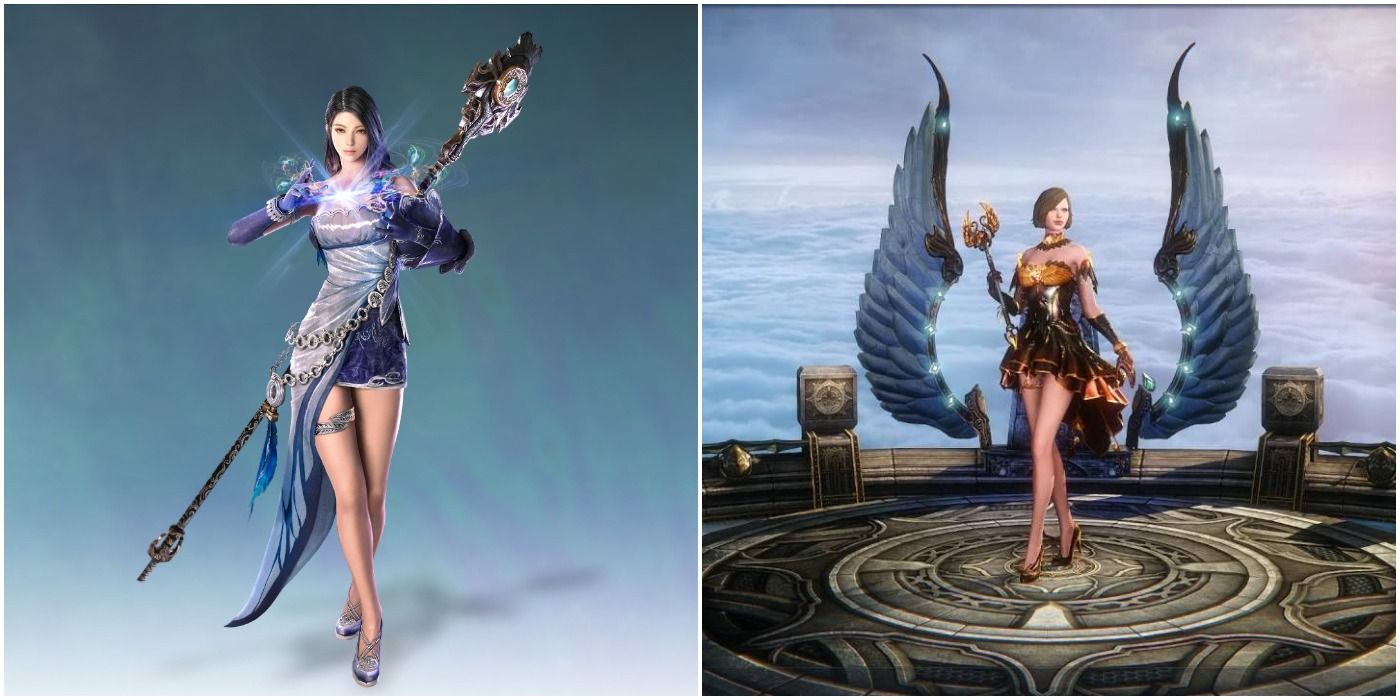 Riders of Icarus Side By Side Female Wizard Channeling Orb Of Magic With Staff And Female Wizard Posing On Platform With Wings