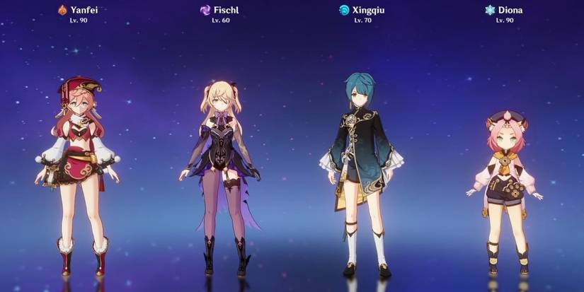 Yanfei with Fischl, Xingqiu, and Diona