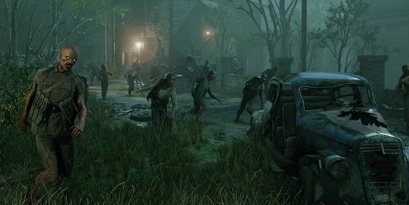 Zombie Army 4 zombies approaching in small woodland clearing