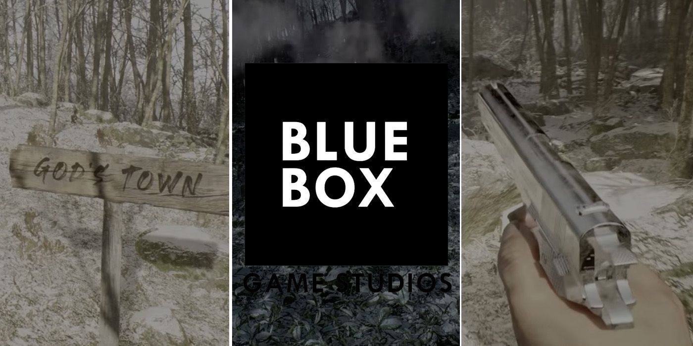 The Blue Box Game Studios logo on top of some screenshots from the Abandoned teaser trailer