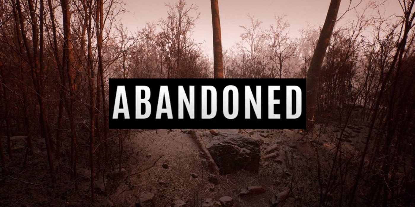 Logo for the game Abandoned in front of a dreary forest.