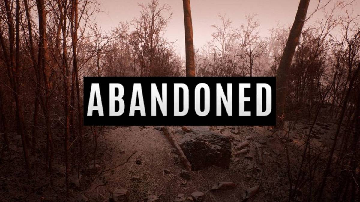 Logo for the game Abandoned in front of a dreary forest.