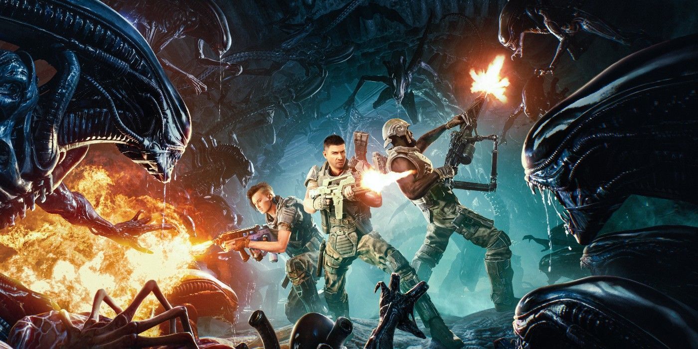 Artwork from Alien: Fireteams showing marines shooting at a horde of advancing Xenomorphs.