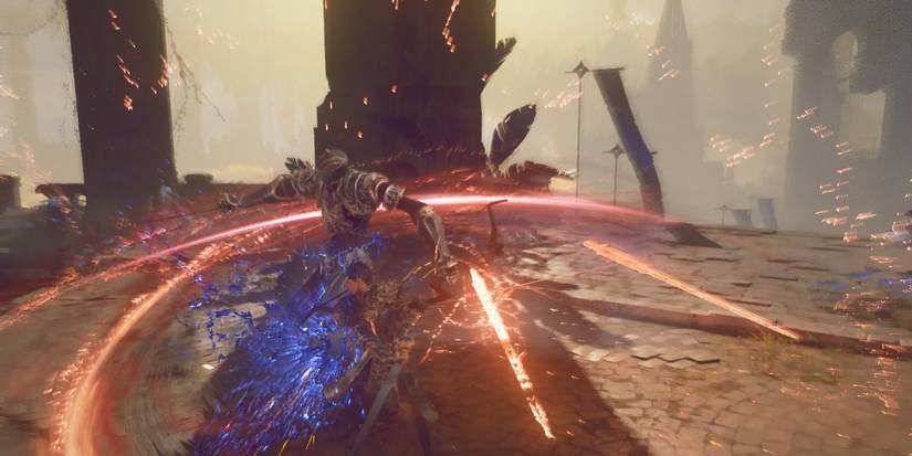Astral Chain hero swinging sword on stone ground