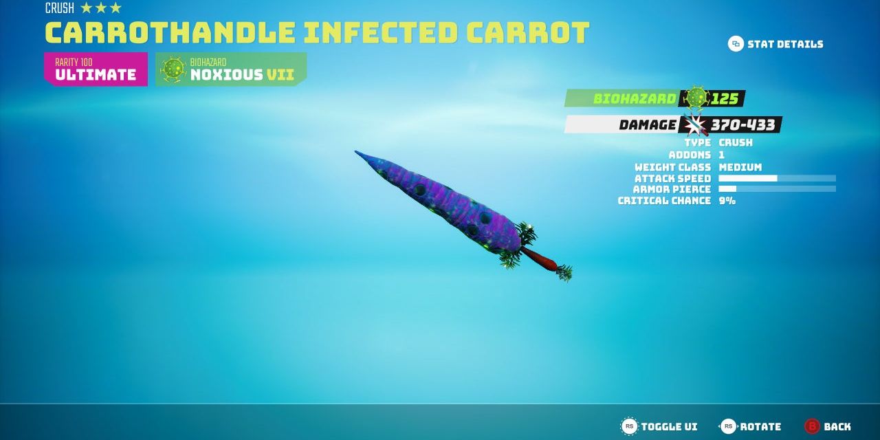 two-handed crush weapon that is a giant odd-colored carrot.