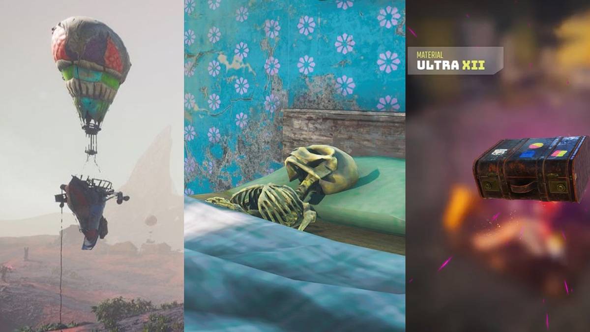 Blimp, skeleton, and Sol's trunk in Biomutant