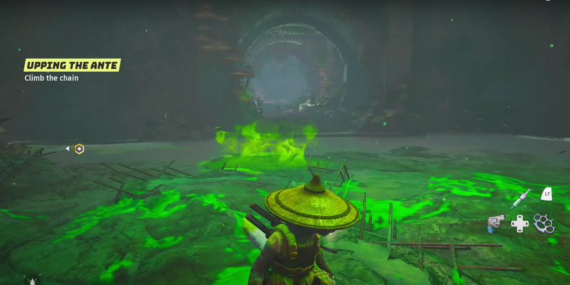 player using a mutation that leaves a caustic green pool behind.