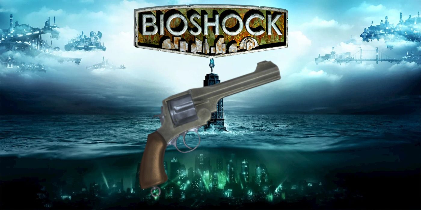 bioshock lighthouse on ocean above rapture with pistol revolver