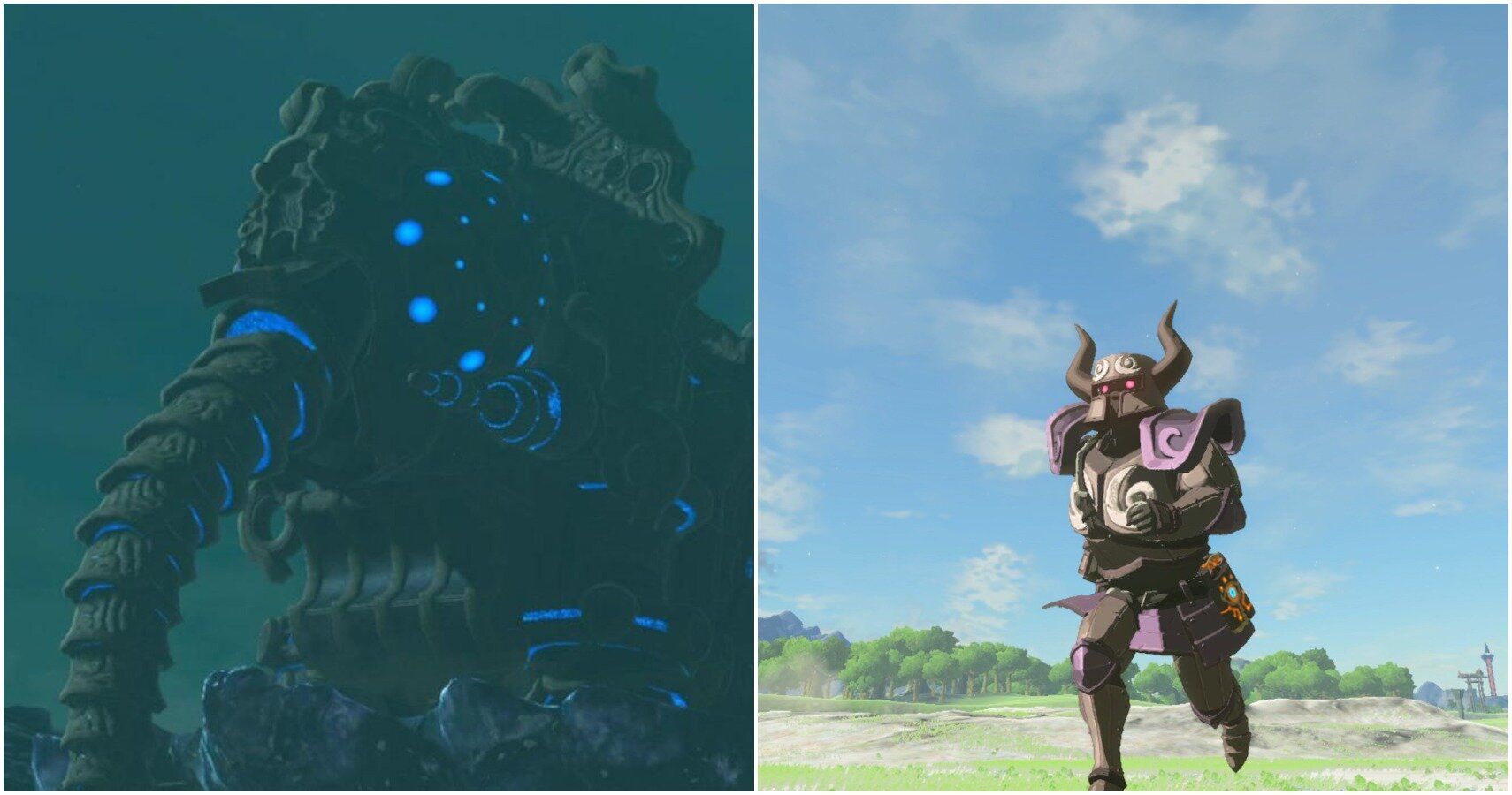 Split image of divine beast and DLC armor.