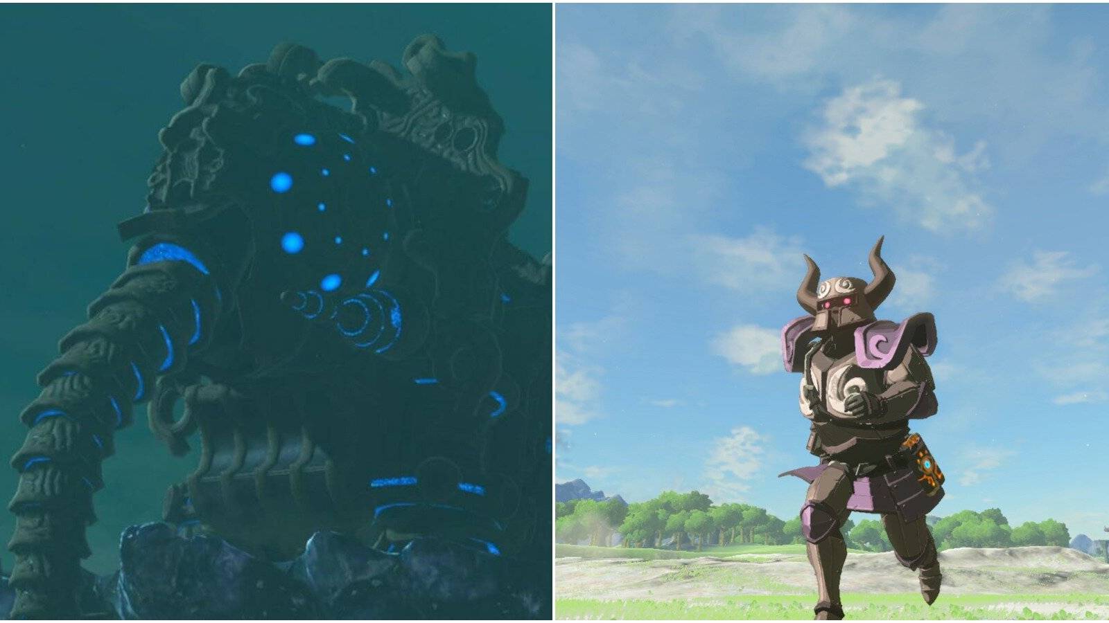 Split image of divine beast and DLC armor.