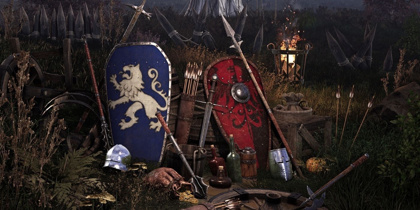 chivalry 2 screenshot of assorted arms and armor including a red shield and a blue shield