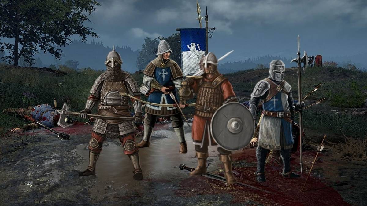 chivalry 2 battlefield with a member of each of the four classes standing among bodies