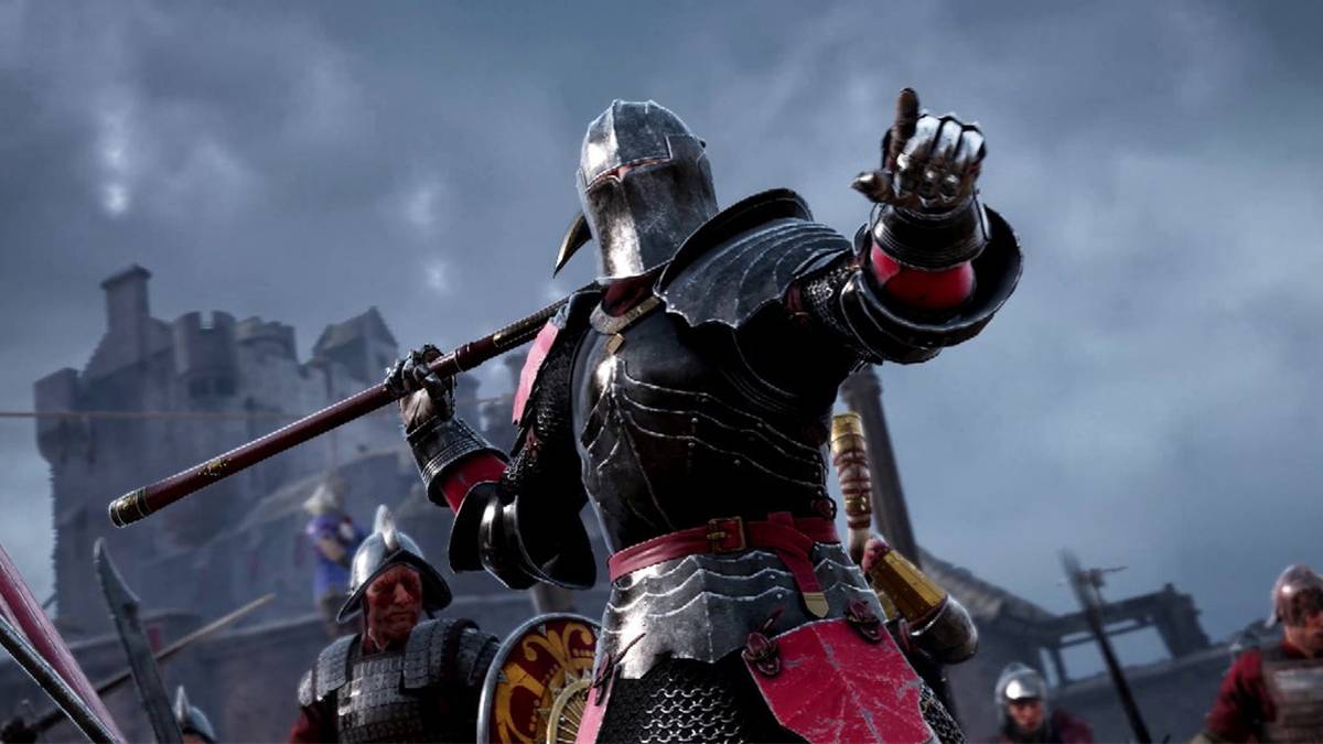 A Mason stands in front of a battlefield holding a bardiche and pointing