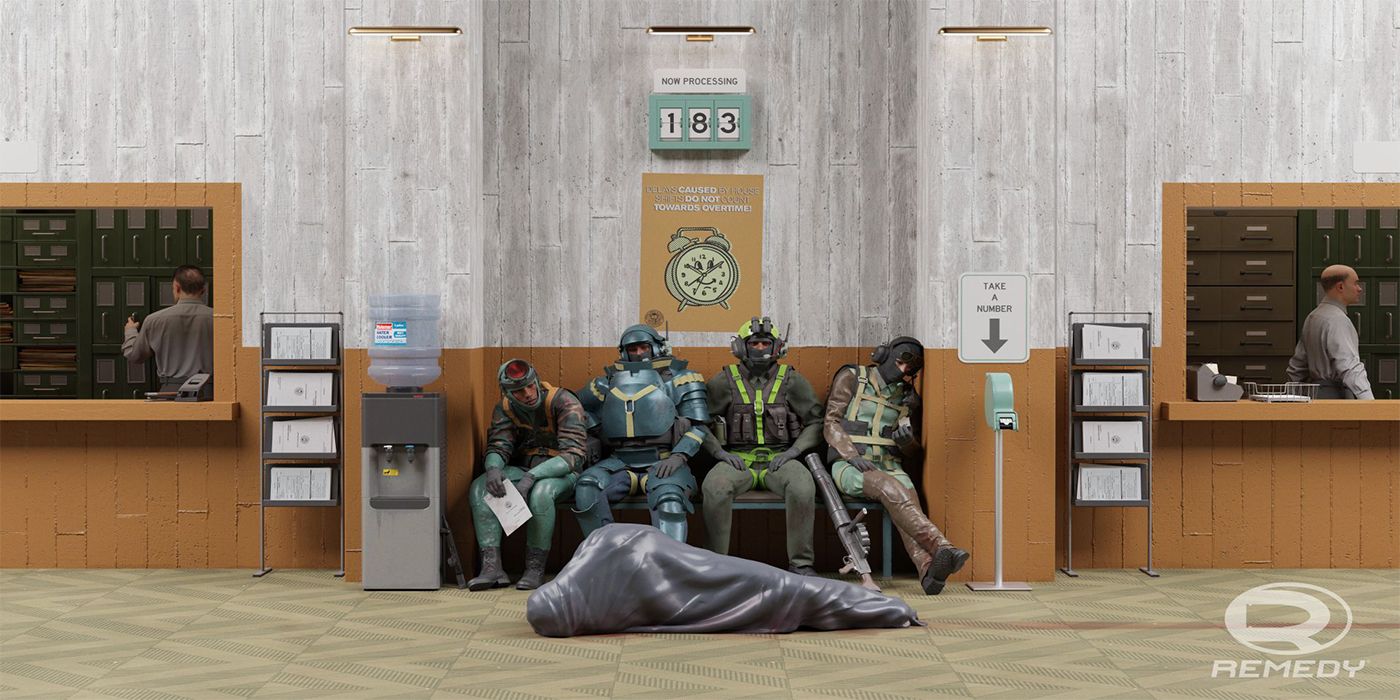Control multiplayer concept art with four men on a bench and a body bag beneath their feet