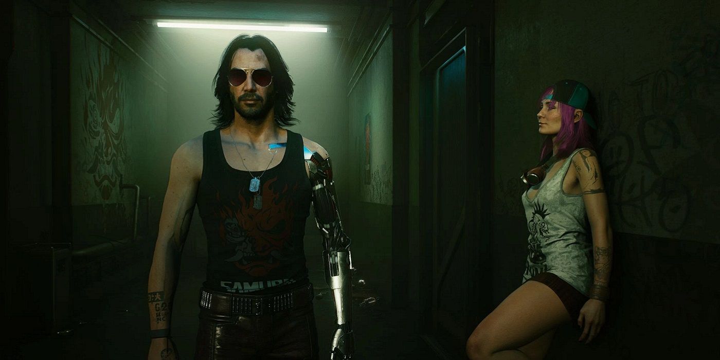 Screenshot from Cyberpunk 2077 showing Johnny Silverhand next to a woman with pink hair.