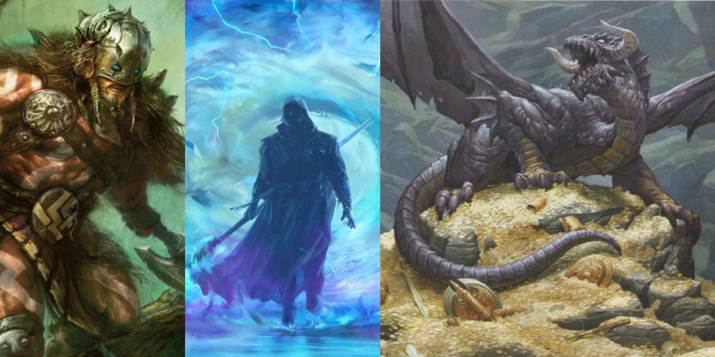 D&D split image, Barbarian, mage a portal, dragon on a hoard