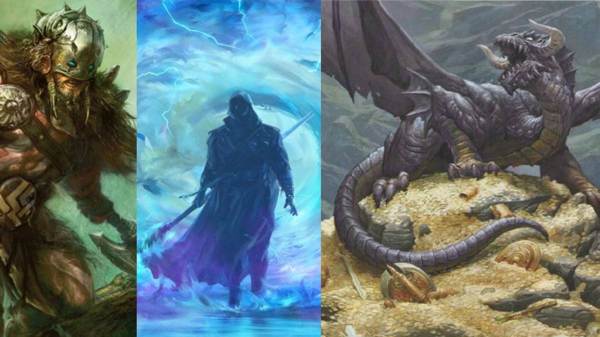 D&D split image, Barbarian, mage a portal, dragon on a hoard