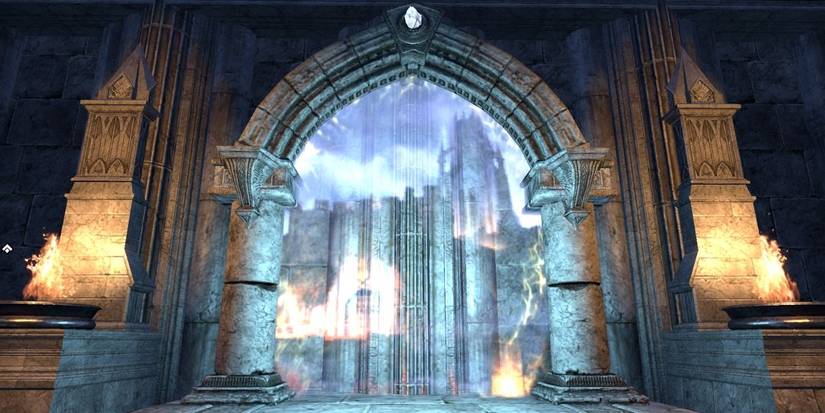 a doorway portal showing a castle on the other side