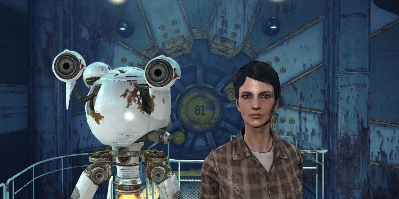 fallout 4 curie as synth and robot in front of the main door to vault 81