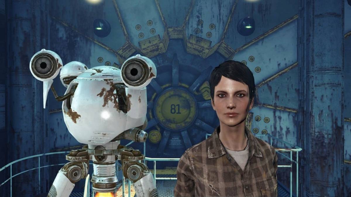fallout 4 curie as synth and robot in front of the main door to vault 81